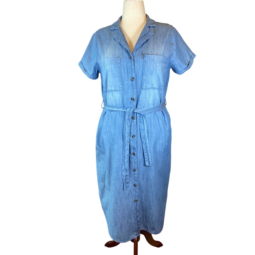 Chambray‎ Blue 100% Cotton Button Front Midi Shirt Dress Short Sleeve